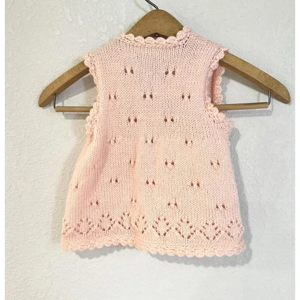 Toddler Girl Knitted Vest Pink String Closure String Eyelets Openwork Lace